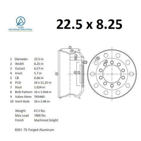 22.5x8.25 Truck Wheels 4pcs Forged Aluminum Rims $238 each BULK PRICE Machined Bright Hub-Piloted